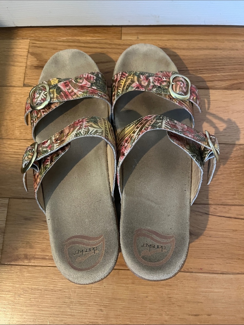 Dansko Women's Floral Double Buckle Slide Sandals - Pink, Green, Yellow - Picture 4 of 7